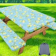 misaya Picnic Table Cover with Bench Cover, Waterproof Elastic Fitted Tablecloth for 6 Foot Tables, Rectangle Washable Polyester Fabric Tablecloths for Picnic, Camping, Outdoor (Lemon, 30" x 72")