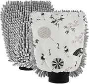 Grey Crane Flower Fan Car Wash Mit Scratch-Free Car Mitts For Washing Car Detailing Wash Rag
