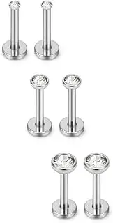 [Ruifan] 2-4mm Round Clear CZ Gem Internally Threaded Labret Monroe Lip Ring Tragus Nail Helix Earring Stud Barbell Piercing Jewelry 6-10mm Bar 16G 6PCS