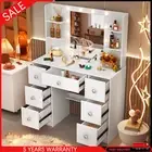 7 Drawers Vanity Table W/ LED Lighted Mirror Shelves Dressing Table Makeup Desk