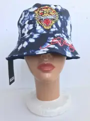 MEN'S ED HARDY BLUE/WHITE TIE DYE EMBROIDERED TIGER REVERSIBLE BUCKET HAT OSFM N