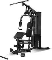 LSG SSN-105 Gym Station with LAT Pulldown Bar, Chest Press/Flys, Preacher Pad, 74kg Weight Stack, Straight Bar & Leg Extension Heavy Duty Cables 31+ Exercises for a Full Body Workout Deluxe Padding