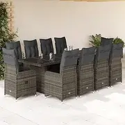 Garden Bistro Set, 11 Piece Outdoor Rattan Furniture for Balcony, Deck, Patio, Small Chairs and Table with Grey Cushions
