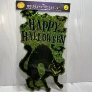 Vtg Greenbrier 15”x9” Holographic Die-cut “Happy Halloween” Black Cat(bin-R)