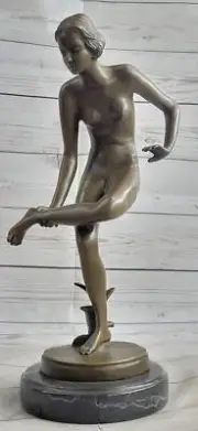 Playful Nude Girl Bronze Statue Sculpture Figure after Lucien Alliot 15" x 9"