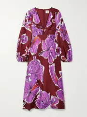 [Aje] Aje - Inflorescence Gathered Floral-print Linen-blend Midi Dress - Purple - UK 10 UK 10 Purple