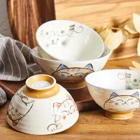 在飛比找ETMall東森購物網優惠-日本進口美濃燒陶瓷日式釉下彩可愛卡通幸福貓飯碗湯碗情侶夫妻