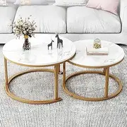Uandhome Nesting Coffee Table Set of 2,Round Coffee Table Wood Grain Top,for Living Room,Round Wooden Accent Coffee Table with Solid Powder-Coated Metal Frame(Gold&White)