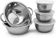 Relaxdays Set of Salad Bowl Stainless Steel Kitchen Tool Set with Bowl Diameter 14/16, 18 and 24 cm Mixing Bowls or General Kitchen Bowl with Lid Velvet for Pasta Drainer Colander, Silver