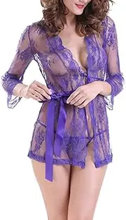[UIVHLW] Women Nightwear Temptation Mesh See-Through Pajamas Sexy Nightdress Plus Size Purple
