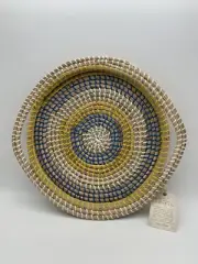 Boho Hand Woven Basket Made In Vietnam, Blue, Yellow & White-NWT 16”