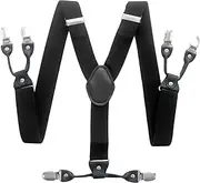 [Aiko Fashion] Men's 35mm Wide Suspenders 6 Clips Adjustable Elastic Leather Braces Solid Color or Pattern (Black)