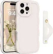GUAGUA for iPhone 16 Pro Max Case with Wrist Strap, Cute Curly Wave iPhone Case 16 Pro Max with Adjustable Wristband Kickstand Anti Slip Phone Case for iPhone 16 Pro Max 6.9'', Antique White