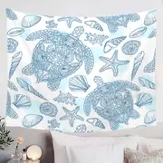 Ocean Drawing Turtles and Seashells Tapestry