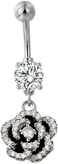 [Cykdohy] 14G Elegant Crystal Rose Flower Dangle Belly Button Ring for Women Stainless Steel Statement Black Enamel Cubic Zirconia Camellia Charm Navel Rings Curved Barbell Studs Sexy Body Piercing Jewelry