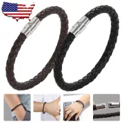 Silver Stainless Steel Magnetic Clasp Braided Leather Bracelet for Men & Women