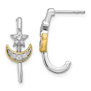 Solid 14k Two-tone Moon w/Star Simulated CZ J-hoop Post Earrings