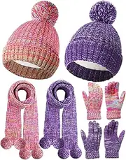 [Geyoga] 6 Pcs Kids Hat Scarf and Snow Gloves Set for 2-8 Years Girls Winter Knit Pompom Soft Beanie with Warm Fleece Lined Boys Kids Hat Gloves Scarf Set Kids Winter Hat with Pompom, Rose Red, Purple