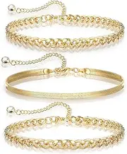 [Wanmu] 3Pcs 14K Gold Plated Anklet Bracelets for Women, Gold Ankle Bracelets for Women Waterproof, Cuban Link Chain Anklets Set, Layered Anklet Bracelets for Women, Beach Gift Adjustable Size, Large