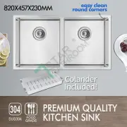 820x457mm Handmade Stainless Steel Double Bowls Laundry Kitchen Sink w/ Colander