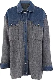 [Generic] Women's Denim Patchwork Knitted Cardigan Lapel Loose Single Breasted Long Sleeves Sweater Coat