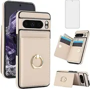 [Asuwish] Phone Case for Google Pixel 8 Pro 5G Cover with Screen Protector and RFID Credit Card Holder Slot Kickstand Ring Cell Accessories Flip Mobile Pixel8Pro Pixel8 XL Eight 8Pro Women Men Off White