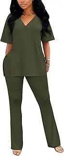 [acelyn] Women's 2 Piece Outfits Summer V Neck Oversized Split Tops Flare Legging Pants Casual Tracksuit Lounge Sets Sweatsuits