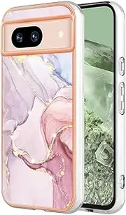 [Knoowcase] for Google Pixel 8a Case Marble Silicone Phone Case Shockproof Bumper Glitter Plated Gold Edges Protective Flexible TPU Rubber Skin Cover for Girls Women, Rose Gold
