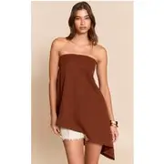 Chocolate Woven Bandeau Asymmetric Hem Floaty Long Top, Chocolate