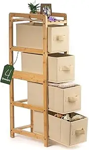 HH DESIGNS Wooden Narrow Dresser- Skinny with 4 Fabric Drawers- Slim for Small Spaces- Vertical Bamboo Storage- Skinny for Bedroom, Living Room, Laundry Room