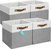 [OrganiHaus] 12x12 Storage Cubes set of 4, Fabric Storage Bins, Cube Storage Organizer Bins, Cubby Bins w/ Vegan Handles, Kallax Organizer Storage Cubes, Square Storage Cubes - Grey/White