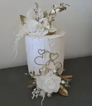 Double Preserved flowers white & gold cake topper w hearts – Wedding, engagement