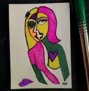 ACEO Miniature Cubism Woman With Heart, Gel Pen On Linen Paper by R Geist