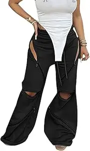 [Sedrinuo] Women Wide Leg Baggy Sweatpants Y2K Fleece Lined Patchwork Multi Zipper Drawstring Cut Out Flare Cargo Pants Trousers