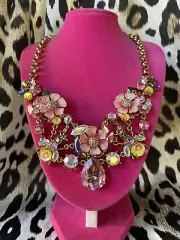 Betsey Johnson Spring Glam Pink Lucite Flower Floral Crystal Bug Necklace $145