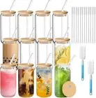12 Pcs 16oz Glass Cups with Bamboo Lids & Straws Can-Shaped for Soda Cocktail