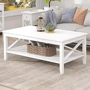 [ChooChoo] White Coffee Table Classic X Design for Living Room, Rectangular Modern Cocktail Table with Storage Shelf, 39 Inch