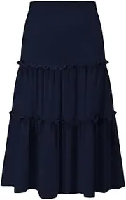 [Eymitory] Girls Casual Boho Maxi Skirt Long Swing High Waisted Elastic Ruffled Tiered Skirts