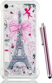 iPod Touch 6 Case,iPod Touch 5 Case Glitter,CAIYUNL Liquid Bling Sparkle Clear Cute TPU Kids Girls Protective Cover Shockproof for Apple iPod Touch 6th Generation/iPod Touch 5th&Stylus-Pink iron Tower