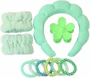 Spa Headband & Wristband Set Skincare Headband & Wrist Bands for Washing Face Makeup Hair Scrunchies Flower Hair Claw Clips Sponge Facial headband & wrist towels for Women (Green, One size)