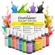 Chefmaster Food Coloring Liqua Gel Pack of 12 Assorted Vibrant Colors 0.7 Oz