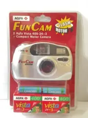 AGFA Camera Fun Cam Flash Motor 35 Mm Lens & 2 Rolls Of Vista Film Factory Seal