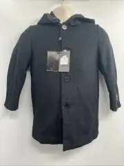 Franco Palino Boy's Button Up Hooded Black Long Wool Trench Coat Size 7