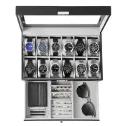 Watch Box 12 Slot Watch Display Organizer Leather Jewelry Case Drawer Glass B...