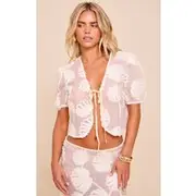 Petite Cream Sheer Shell Applique Tie Front Top, Cream