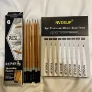 Reeves Drawing Sketching Pencils (6) & (9) Precision Micro-Line Pens. Lot!