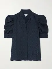 [FRAME] FRAME - The Gillian Ruched Polka-dot Silk-crepe Blouse - Navy - medium medium Blue