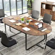 Costway240.5cm Oval Conference Table with Dual Cable Holes and Metal Legs-Rustic Brown
