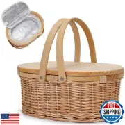 Wicker Picnic Basket Cooler with Wooden Lid and Swing Handles for Beach, Camp