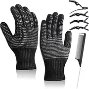 Heat Resistant Gloves for Hair Styling, Professional Curling Wand Gloves with Hiar Clips and Comb for Flat Curling Iron